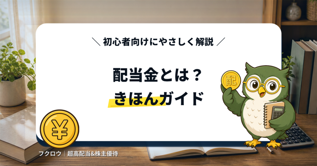 配当金とはをやさしく解説する記事のアイキャッチ画像。フクロウのキャラクターが配当と書かれたコインと電卓を持っている