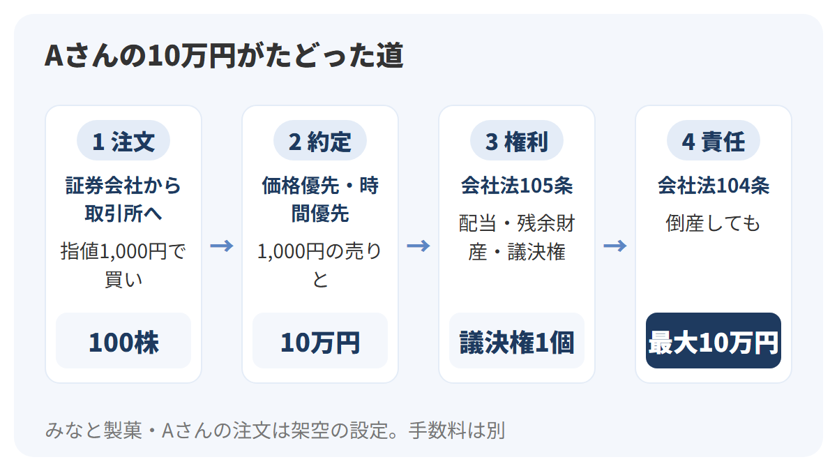 Aさんの10万円の流れを左から4段階で示した図。証券会社を通じて注文を出し、東証で価格優先・時間優先により1,000円×100株で約定し、配当・残余財産・議決権1個の3つの権利を持ち、責任は10万円までになる