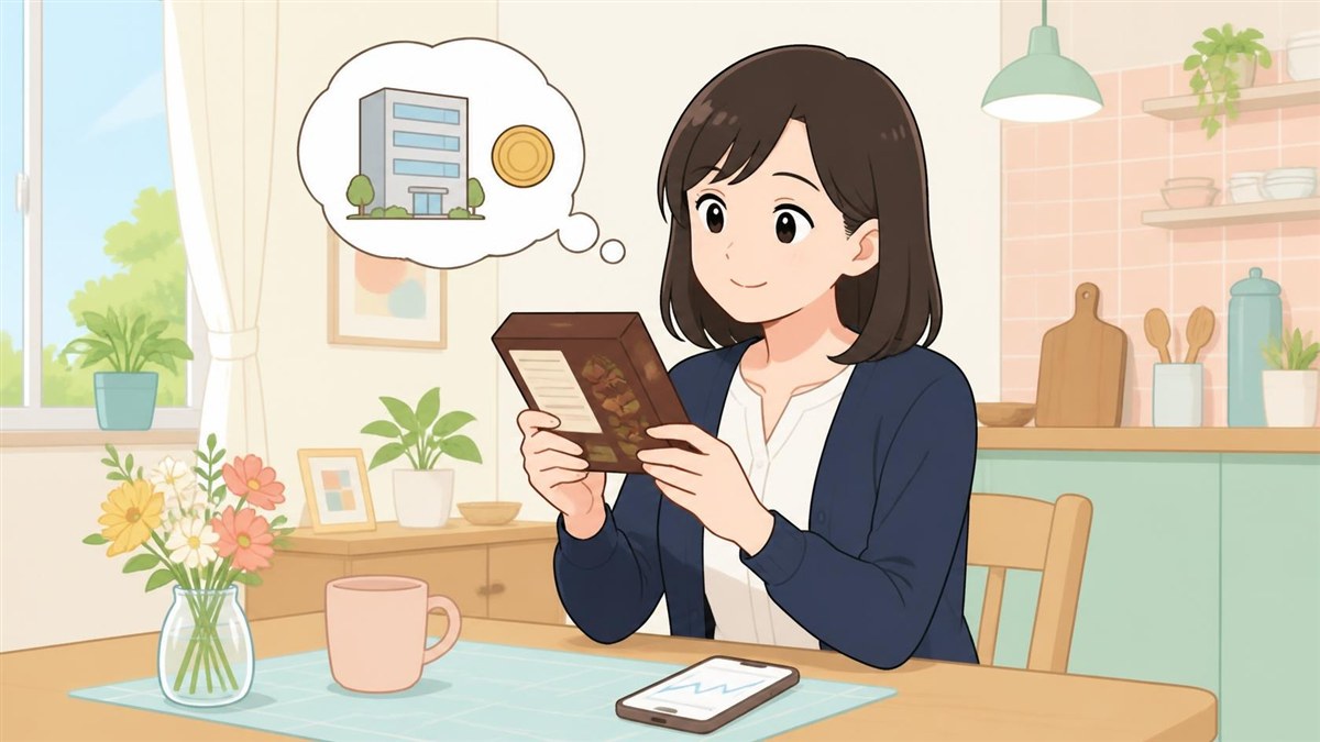 会社員のAさんがキッチンのテーブルで、いつも買うお菓子の箱の裏の会社名を見ながらスマートフォンの株価画面を開いている場面