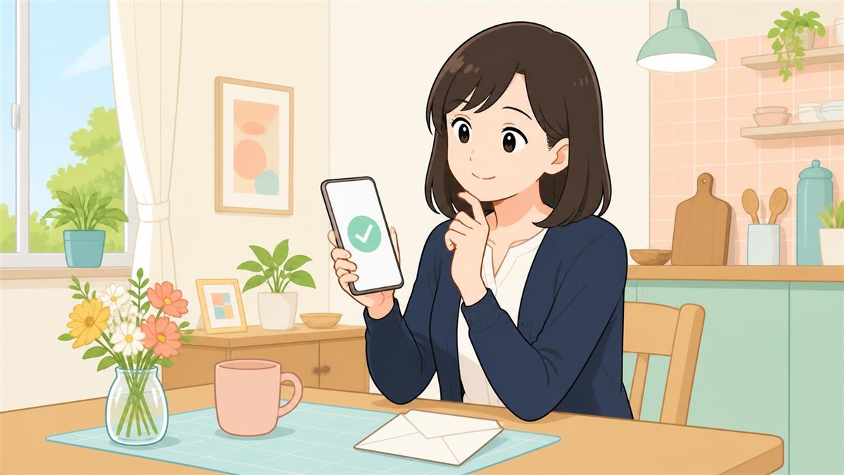 Aさんが証券会社のアプリで「100株 約定」の画面を見ながら、手元に紙の株券がないことに首をかしげている場面