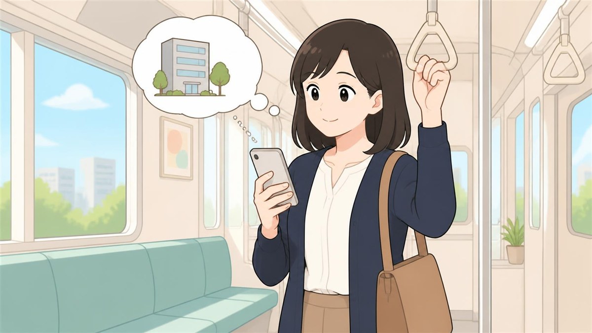Aさんが通勤電車の中でスマートフォンの証券会社アプリを開き、注文ボタンを押す前に、この注文がどこへ送られるのかを考えている場面