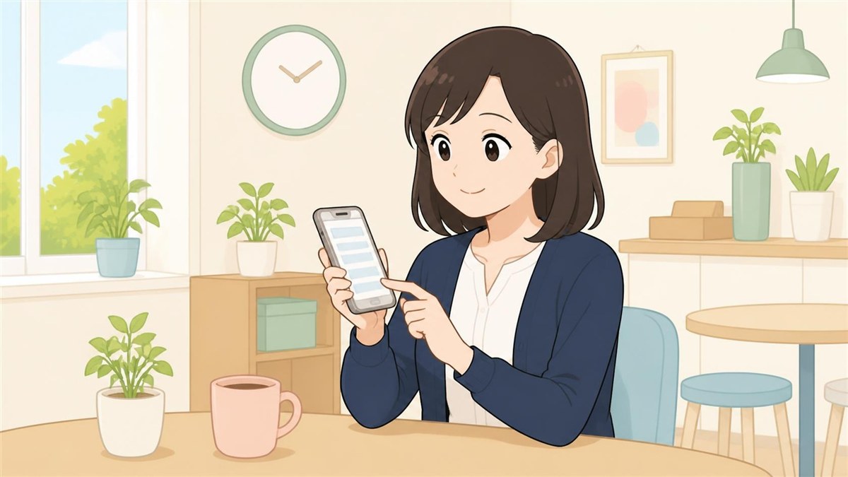 平日の10時、Aさんが会社の休憩スペースでスマートフォンに表示された、値段と株数が縦に並ぶ画面を見つめている場面