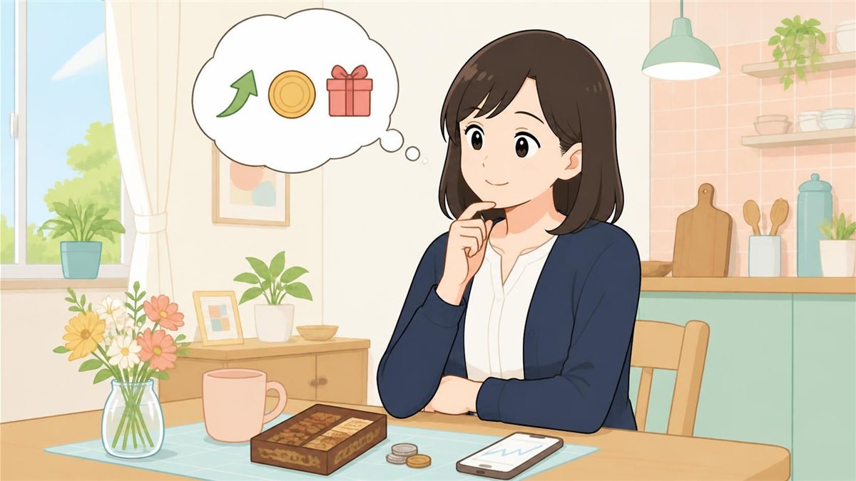 会社員のAさんが自宅のリビングで、お菓子の箱と小銭とスマートフォンの株価画面を前に、どこからお金が入るのかを考えている場面