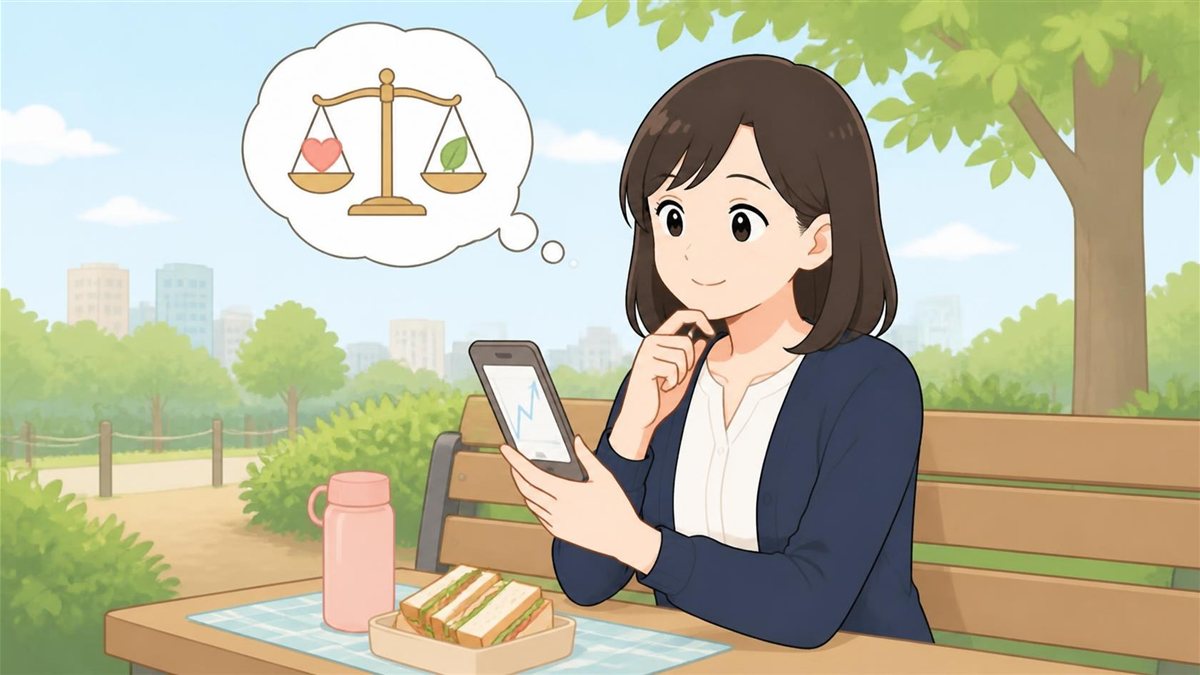 Aさんが昼休みの公園のベンチで、スマートフォンの株価が上がっている画面を見ながら、売るかどうか迷っている場面