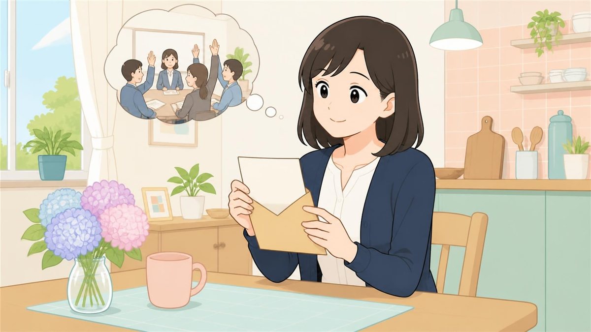 Aさんが自宅のテーブルで、みなと製菓から届いた封筒を手に、配当がいくらになるのか、だれが決めるのかを考えている場面