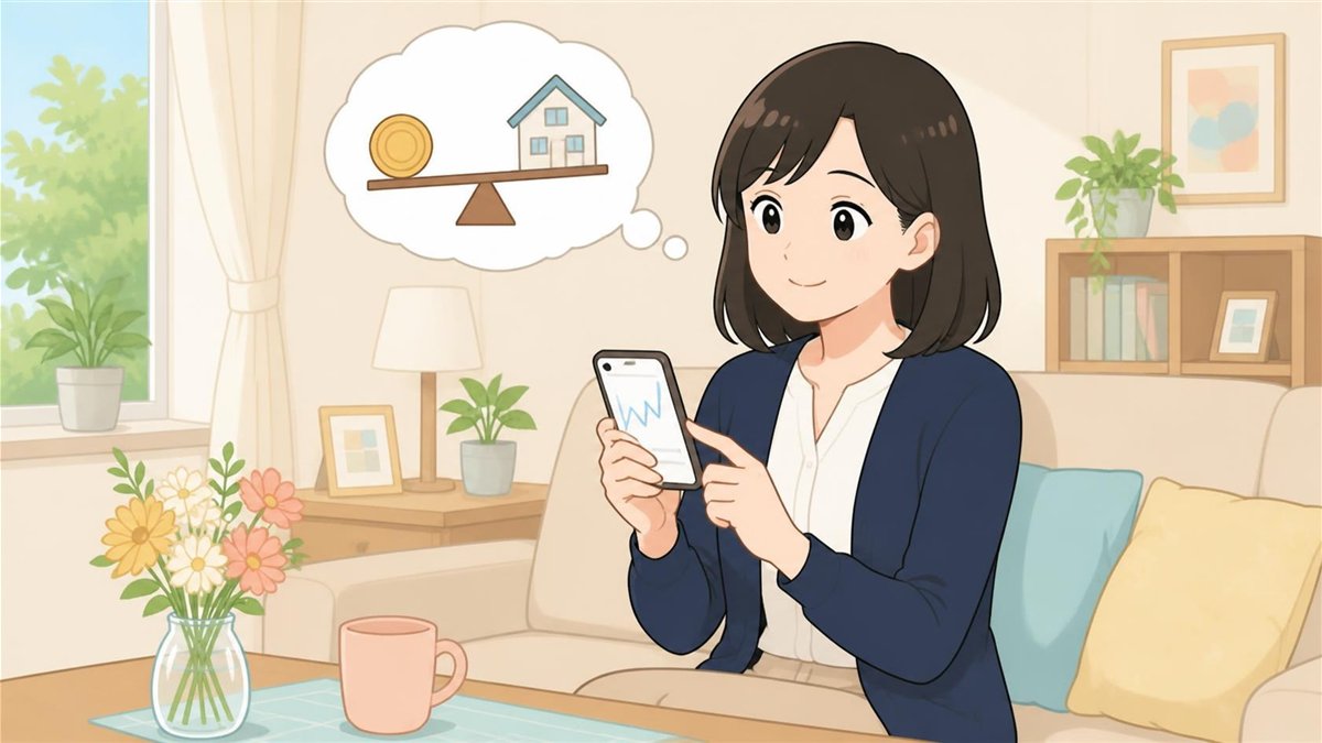 会社員のAさんがリビングのソファで、上下に波打つ線が表示されたスマートフォンを見ながら、吹き出しの中のシーソーを思い浮かべて首をかしげている場面