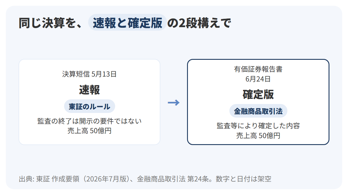 みなと製菓の2026年3月期について、左に5月13日の決算短信を東証のルールに基づく速報、監査は開示の要件ではない、と置き、右に6月24日の有価証券報告書を金融商品取引法に基づく提出書類、監査を受けた内容が載る、と置き、左から右へ矢印でつないだ図解