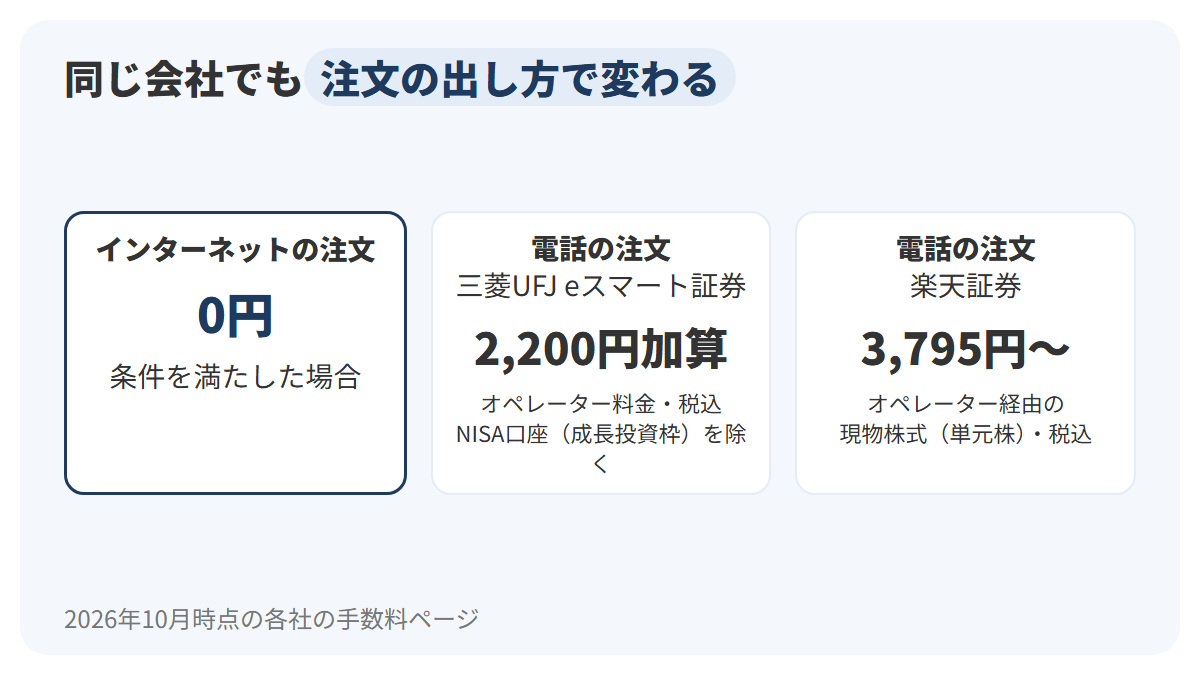 同じネット証券でも、インターネットの注文は条件を満たせば0円、電話の注文は三菱UFJ eスマート証券で2,200円加算、楽天証券で3,795円からになることを、左から右の3枚のカードで比べた図解